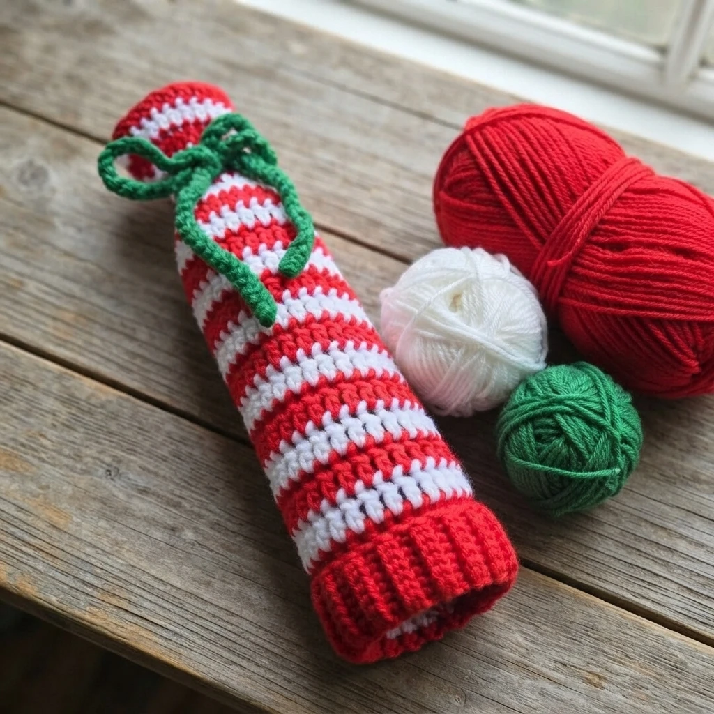 Crocheted candy cane wine bottle gift bag in red and white stripes with a green tied bow, lying on a wooden table next to balls of red, white and green yarn