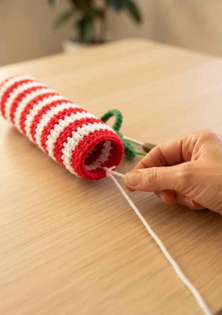 A hand pulling a white yarn tail from the open end of a red and white striped crocheted tube lying on a light wooden table, with a green yarn strand visible inside and a blurred plant in the background.