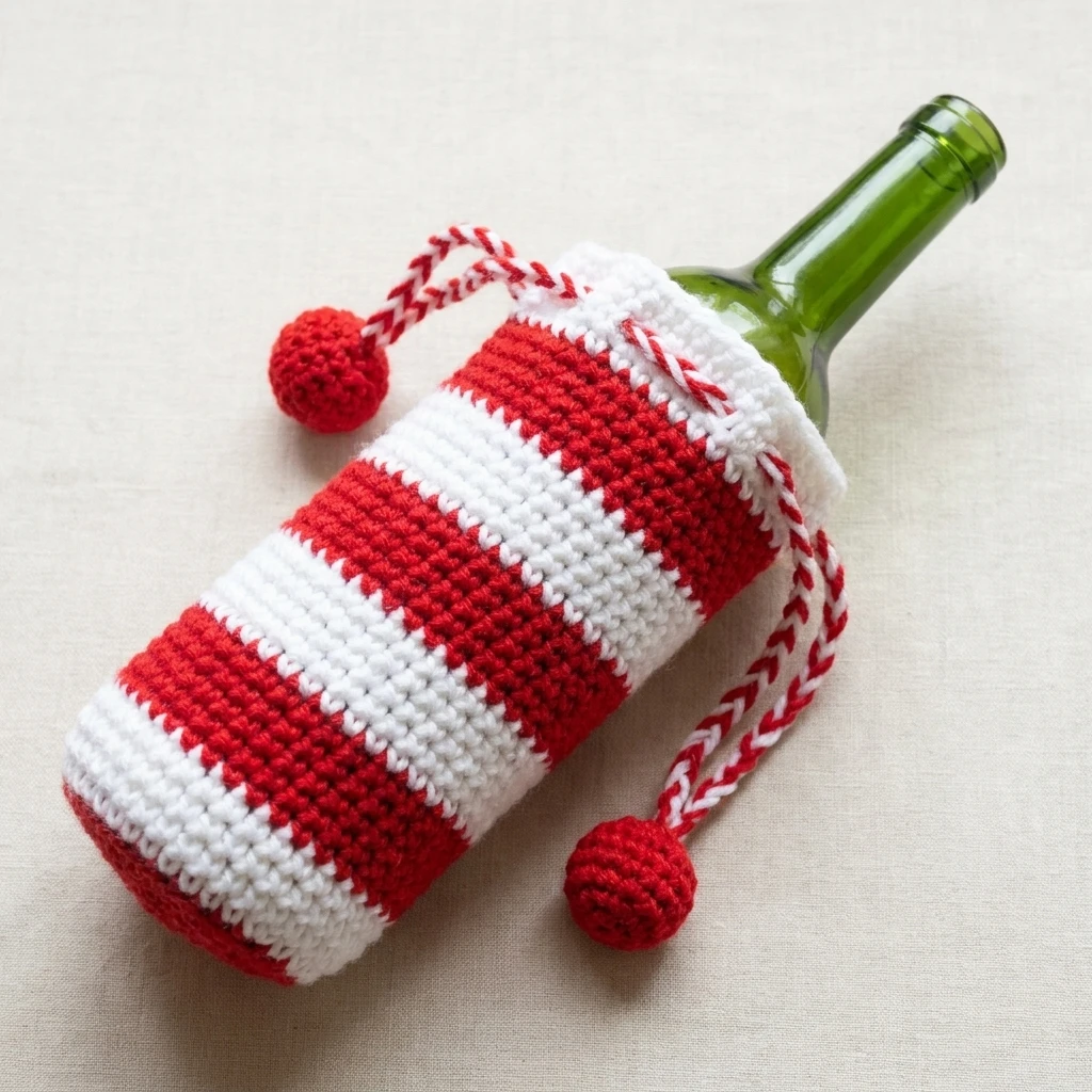 Sac à bouteille en crochet rayé rouge et blanc, fermé par un cordon tressé rouge et blanc avec deux pompons rouges, placé sur une bouteille en verre vert, posé sur un tissu beige clair.