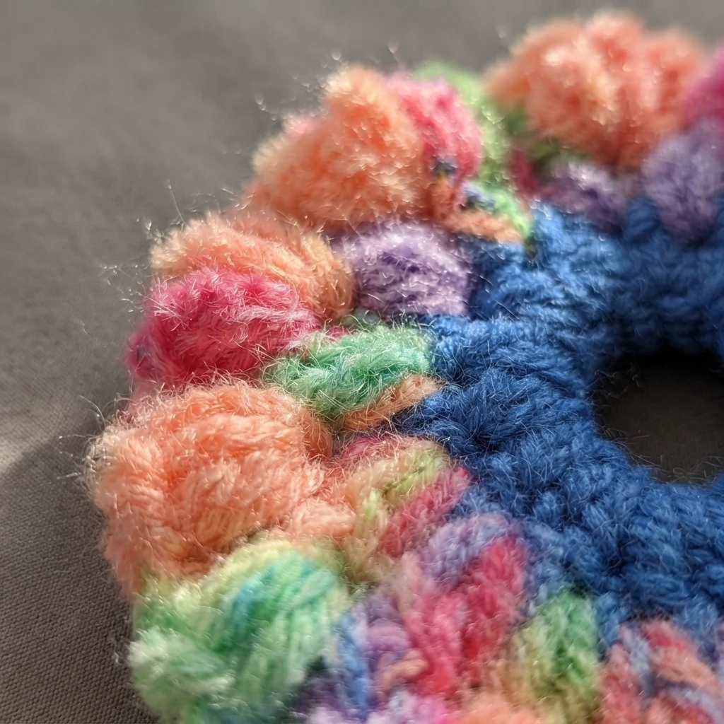 Close-up of a finished crochet scrunchie with a blue crocheted band and fluffy ruffled petals in pink, orange, green and purple yarn.