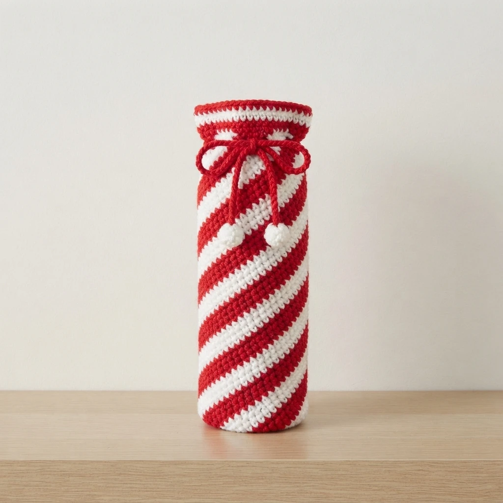 Single red and white striped crochet wine bottle bag with a red drawstring bow and two small white pom-poms, standing upright on a wooden table against a plain light wall.