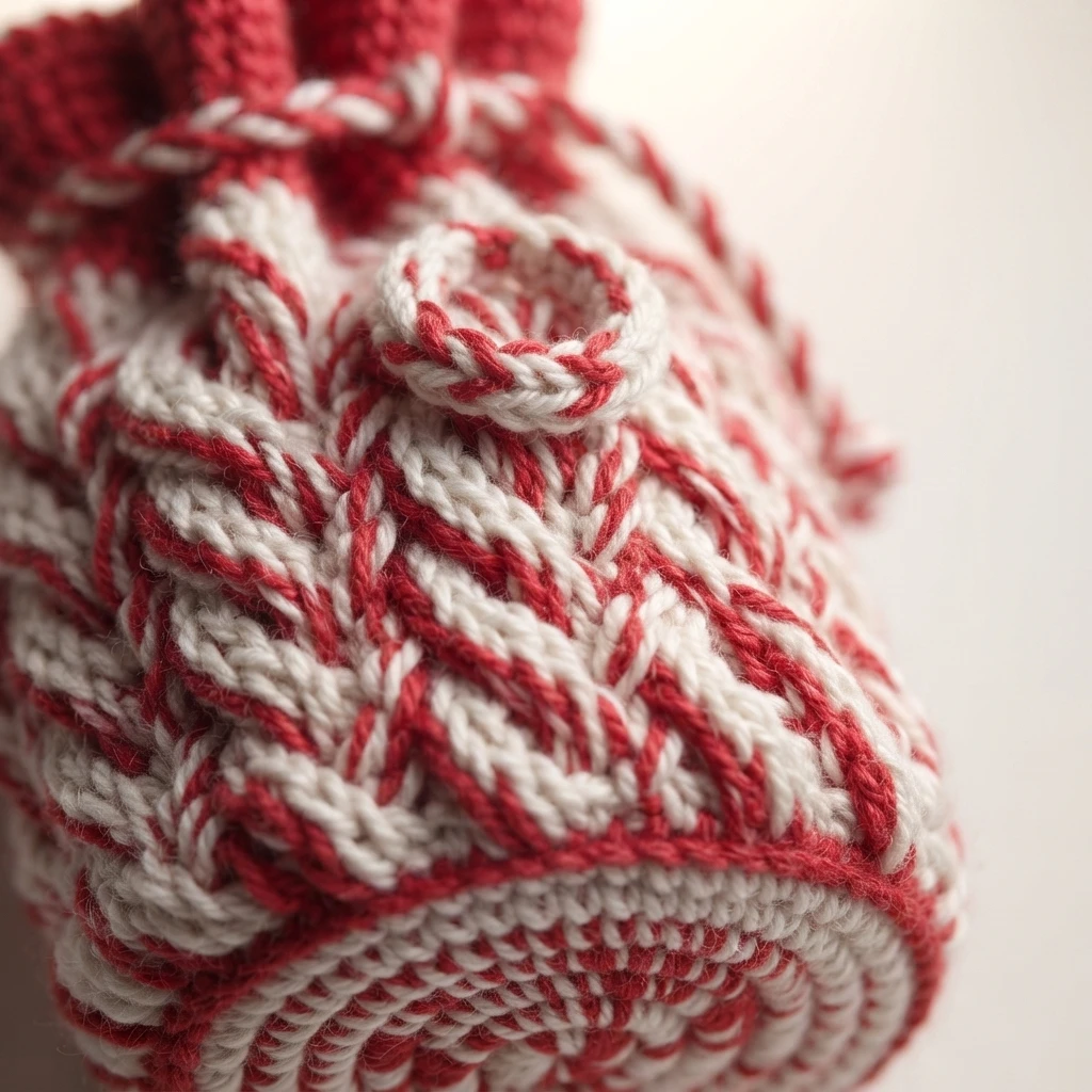 Close-up of a red and white spiral striped crochet bag with a small loop at the top, photographed against a plain light background.