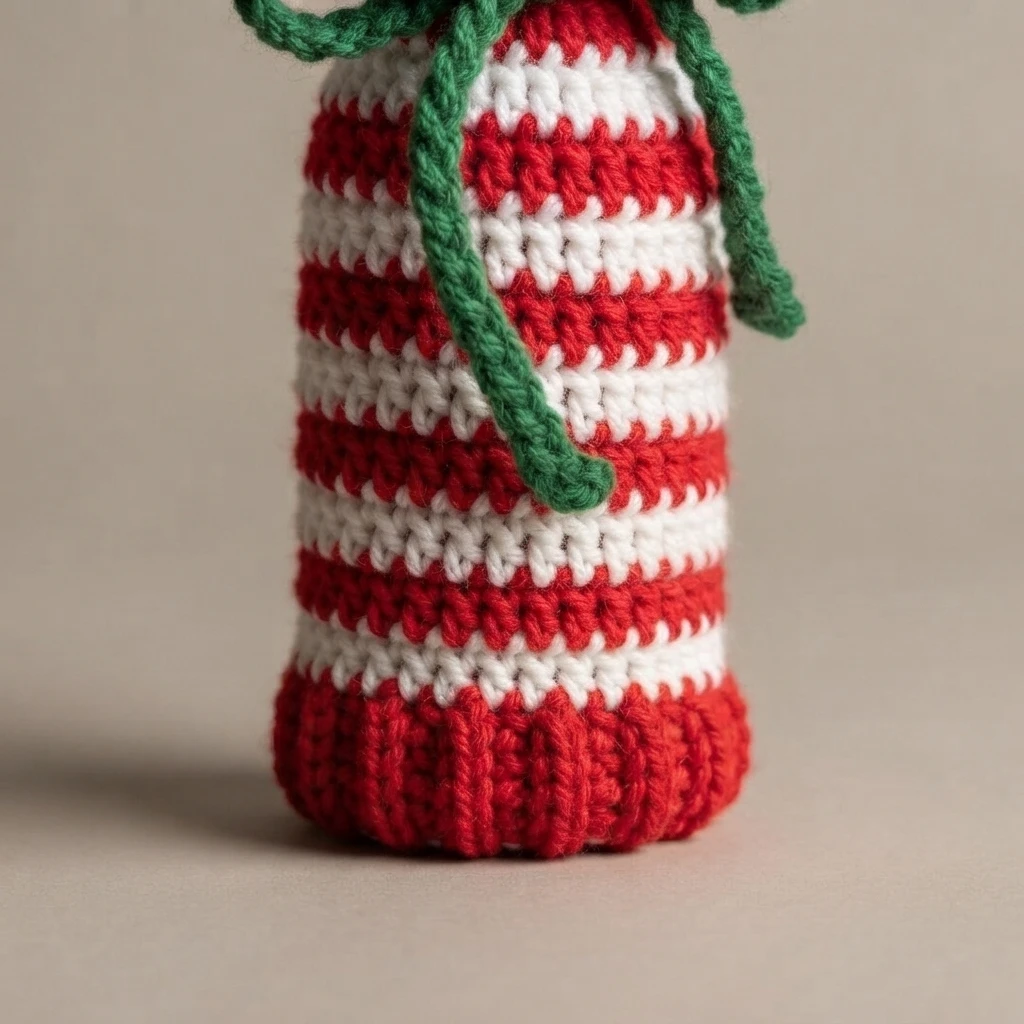 Crocheted red and white striped wine bag body in a close cropped view, with a green yarn tie knotted near the top and loose green ends hanging down, photographed on a plain beige background
