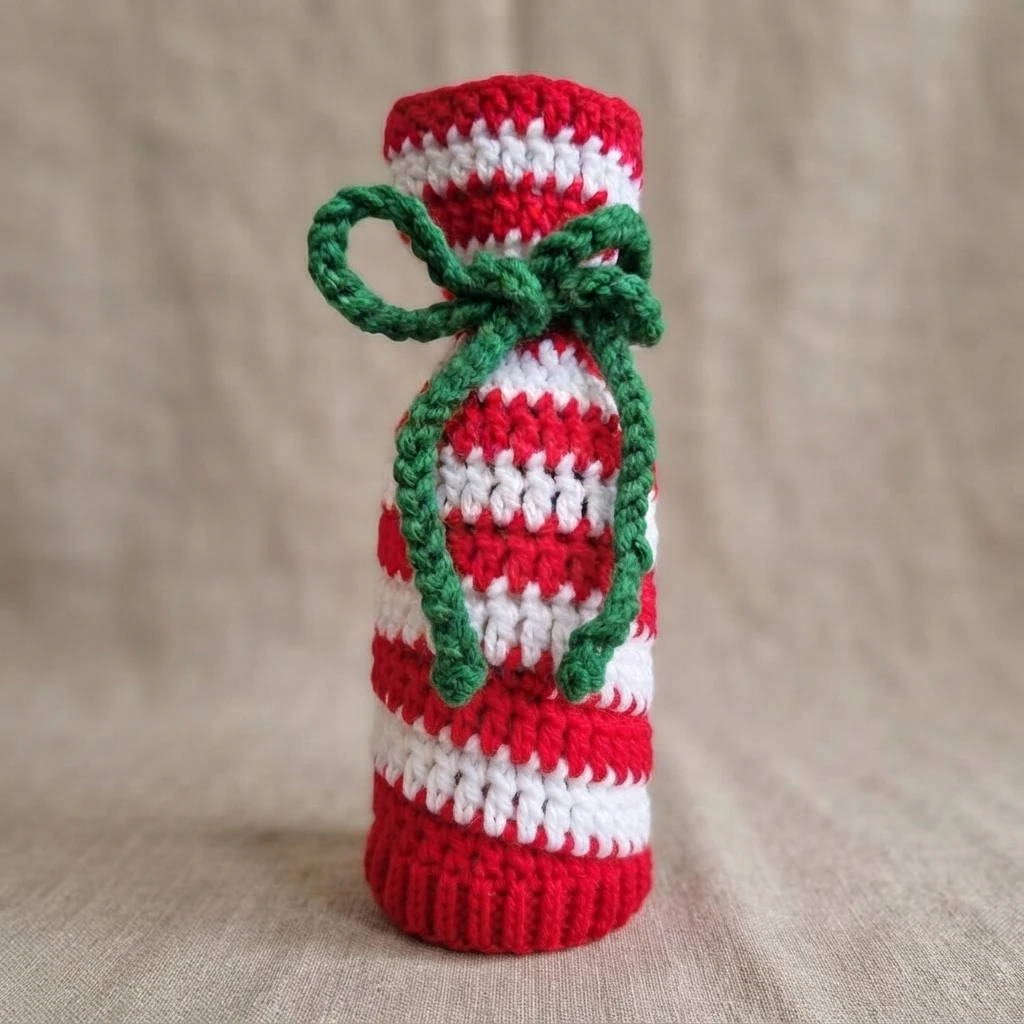 Single crocheted wine bottle bag worked in red and white stripes with a green crocheted bow tied around the neck, standing on a plain beige surface.