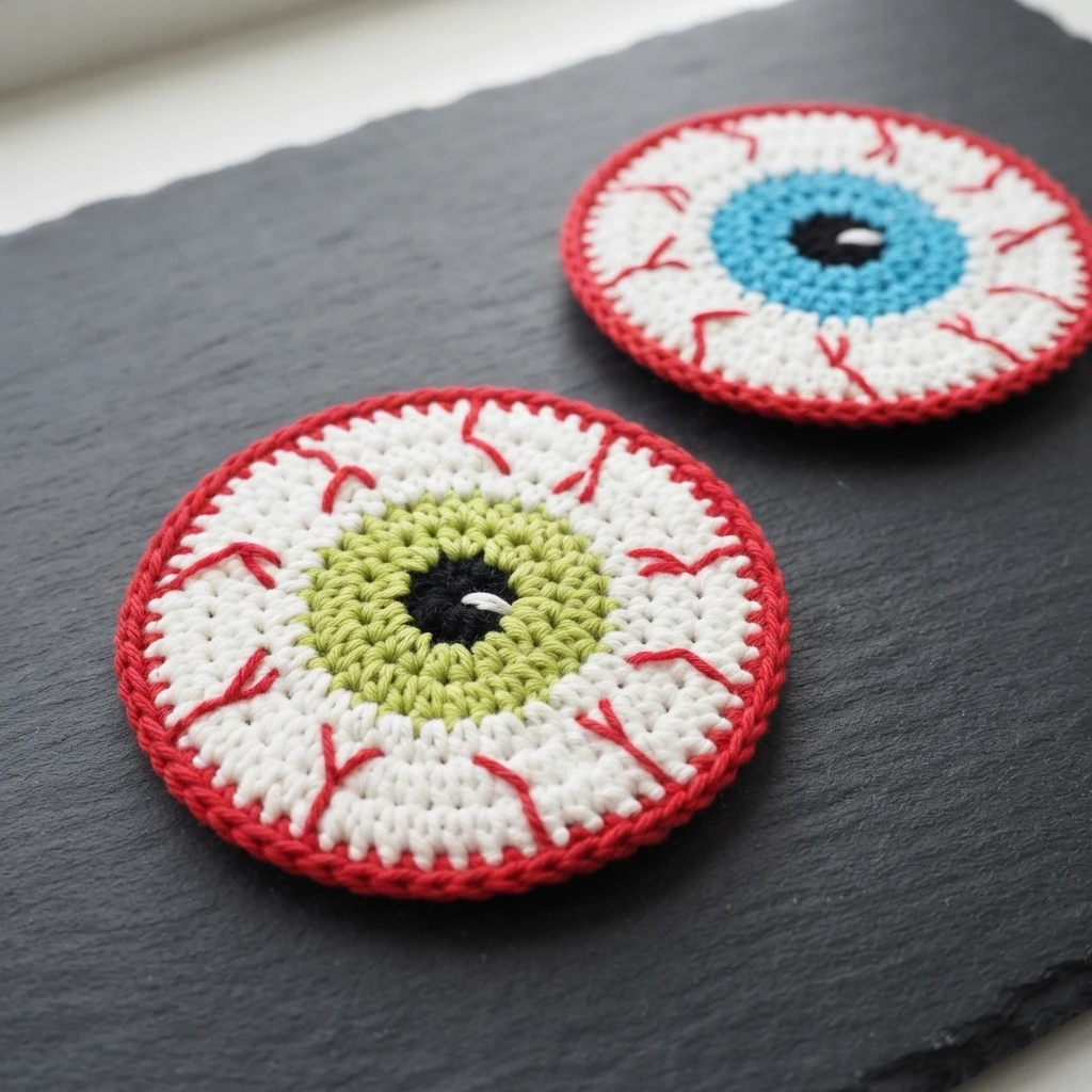 Two round crocheted eyeball coasters with red borders, white surrounds, and blue and green irises on a gray surface.