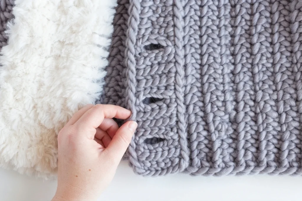 Close-up of a gray crocheted tree skirt with fluffy white edging and buttonhole openings, held by a hand.