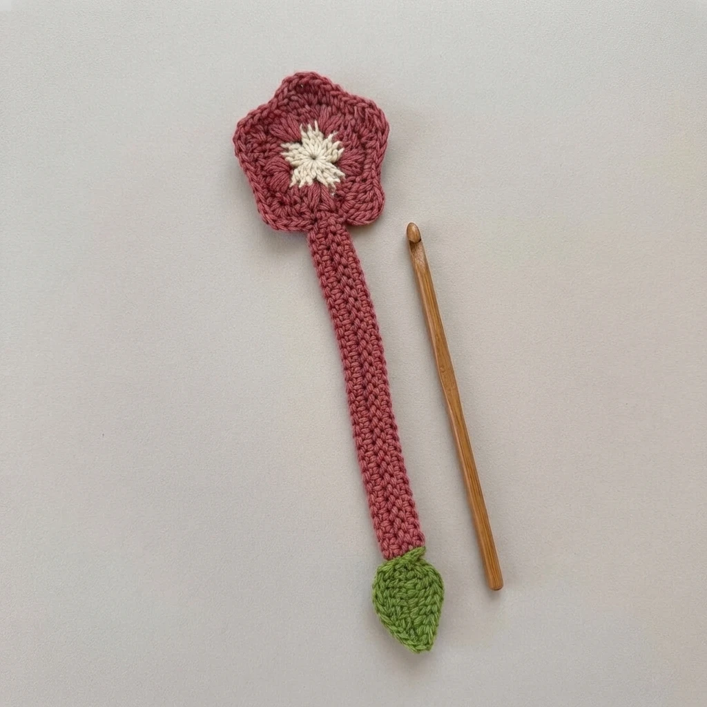 Crochet bookmark shaped like a hibiscus flower with dusty rose petals, a cream star center, a long textured stem and a green leaf, lying on a plain light surface next to a wooden crochet hook.
