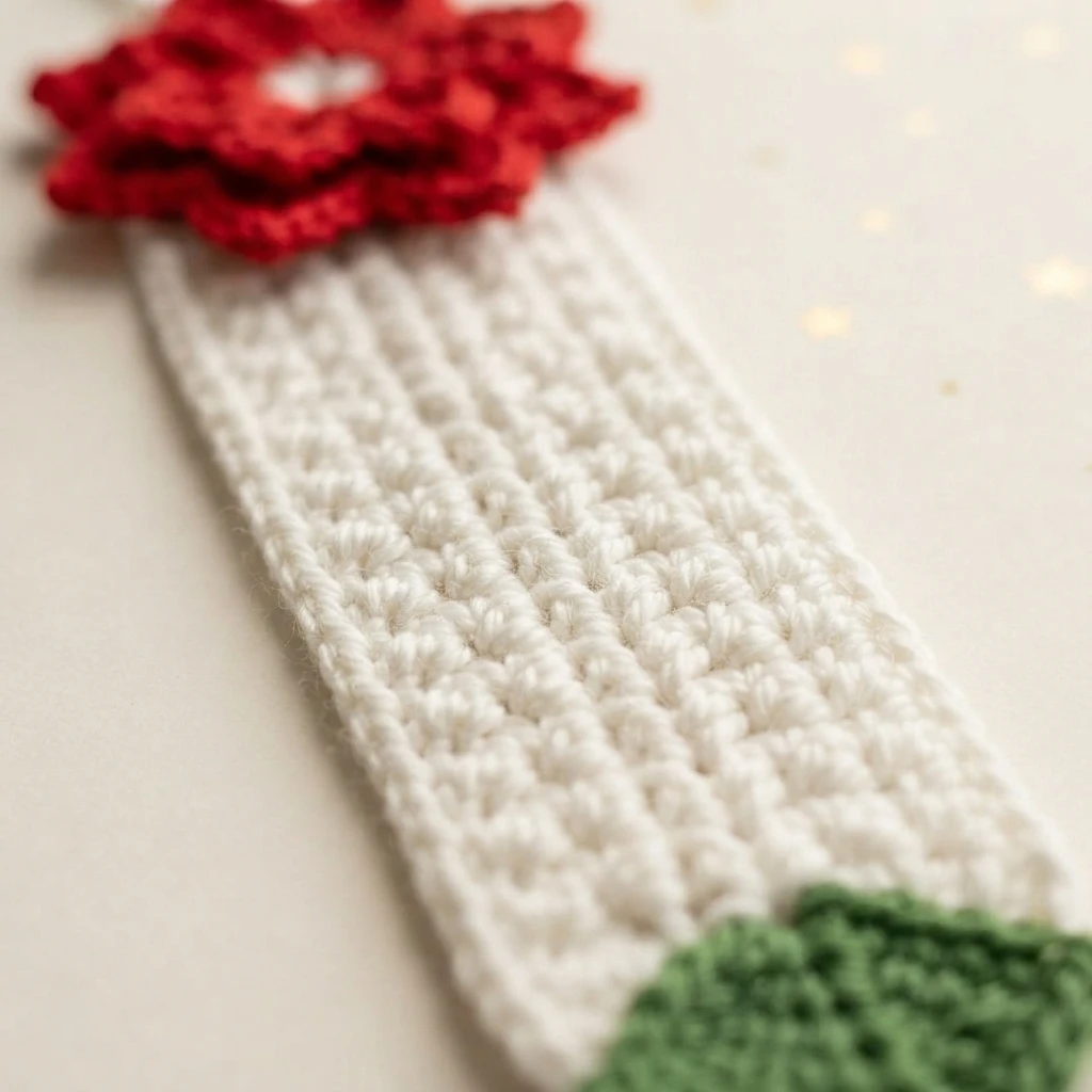 Close-up of a crocheted bookmark with a red flower at one end, a textured cream middle section, and a green leaf at the other end, lying on a light surface.