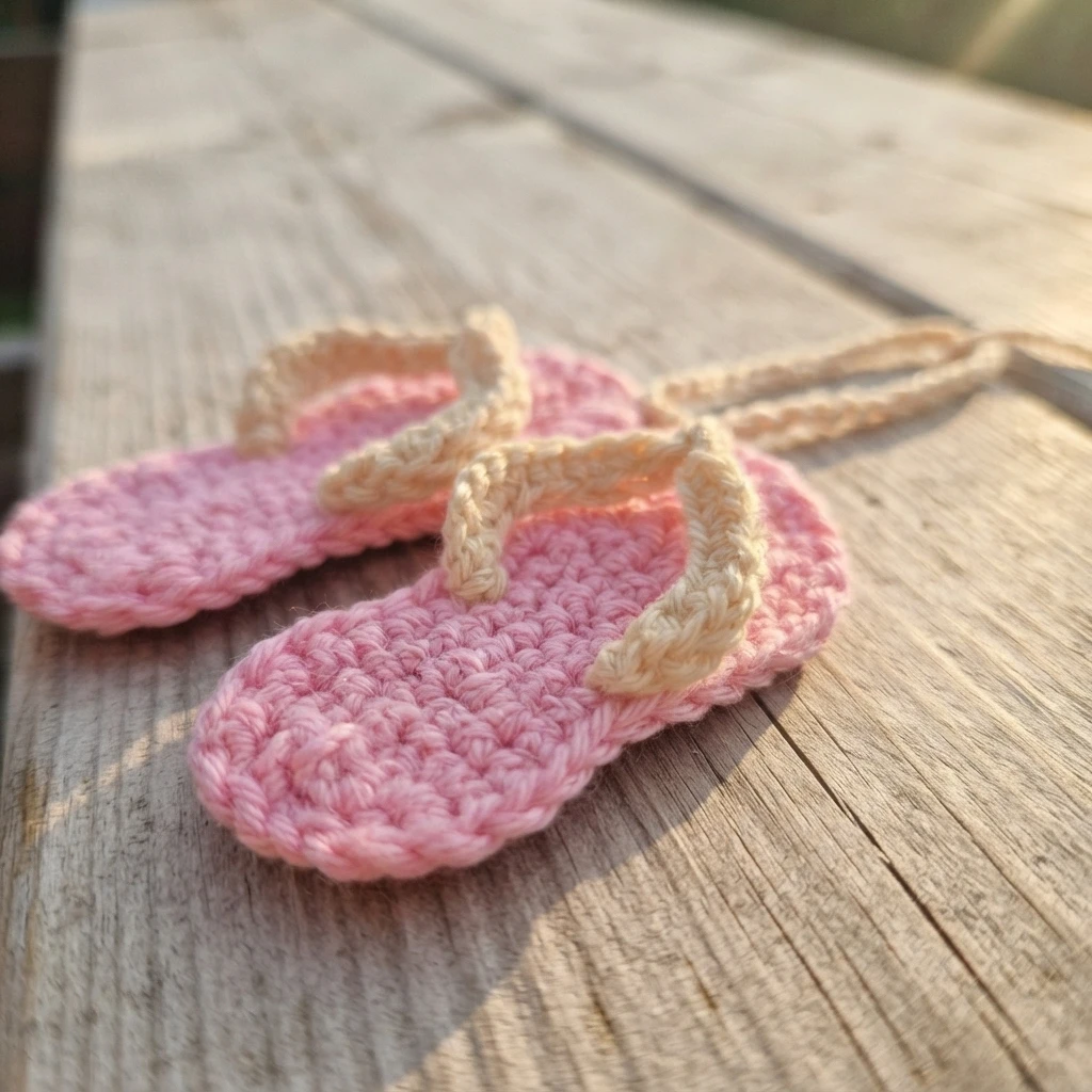 Two small pink crochet flip flops with beige Y shaped straps and a beige hanging loop resting on a wooden surface.