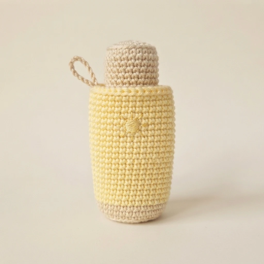 Pale yellow crochet sunscreen bottle charm with beige ends, small embroidered sun and hanging loop