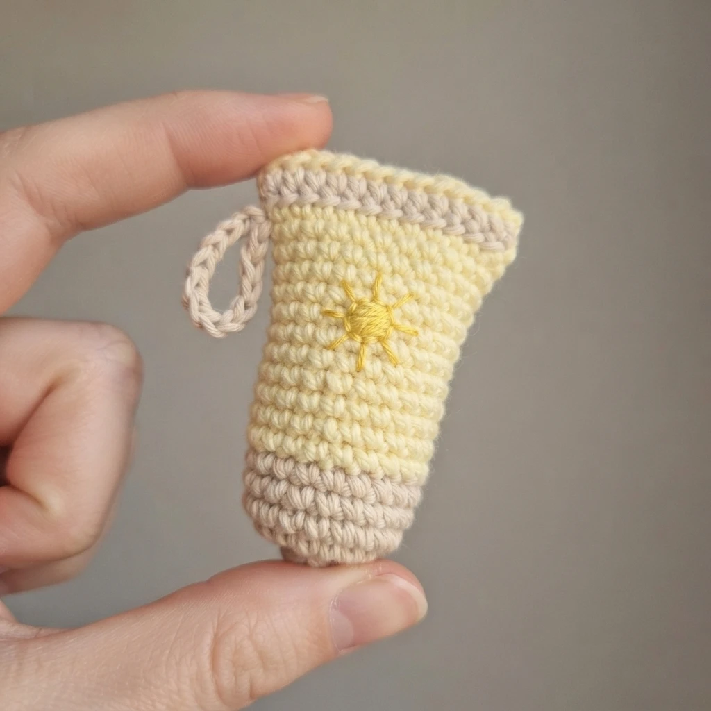 Hand holding a small pale yellow and beige crochet sunscreen bottle charm with an embroidered yellow sun and a beige hanging loop