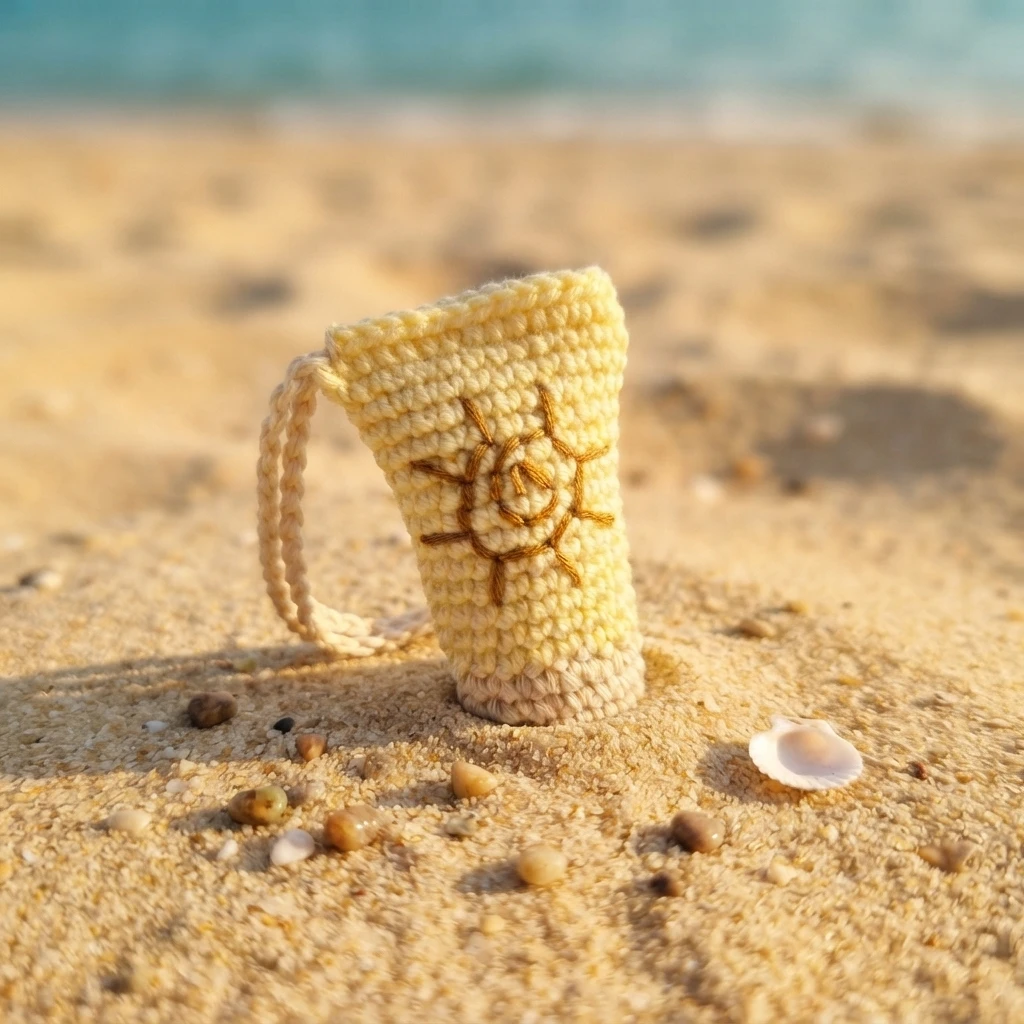 Crochet sunscreen bottle charm in pale yellow and beige with an embroidered brown sun, standing on sand beside a small shell