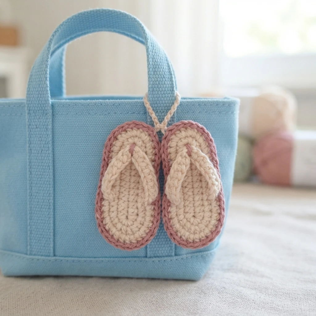 Pair of small crocheted flip flops with beige soles, dusty pink borders and beige straps hanging from a light blue tote bag handle