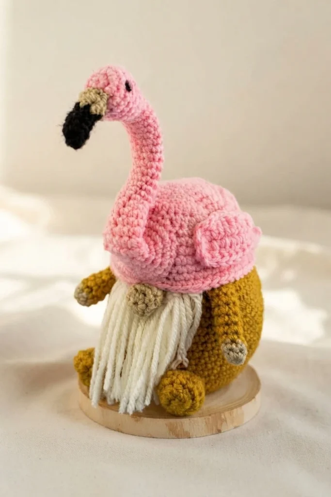Crocheted gnome with a pink flamingo hat, black and tan beak, long neck and white yarn beard, sitting on a round wooden base against a plain light background.