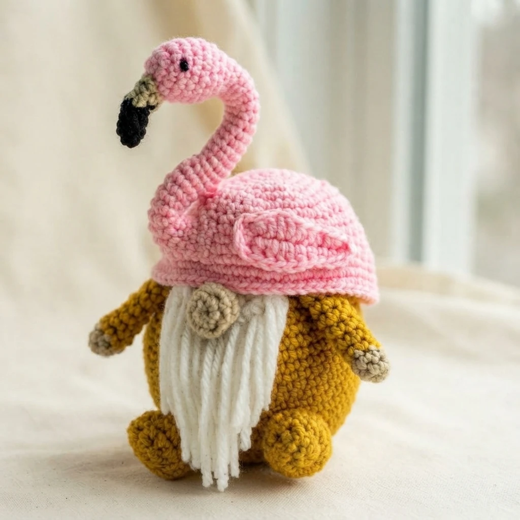 Crocheted flamingo gnome with a pink hat shaped like a flamingo head and curved neck, a mustard yellow body, white yarn beard, and small tan hands and feet, shown fully assembled on a soft cream fabric background.