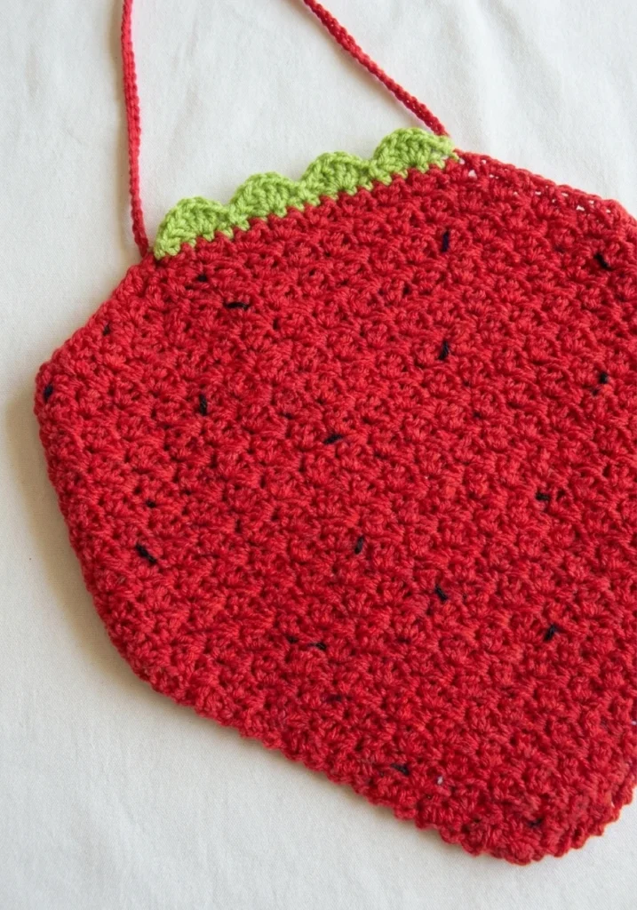 Red crocheted strawberry halter top with green scalloped trim and black seed stitches, shown as a flat lay on a white background.