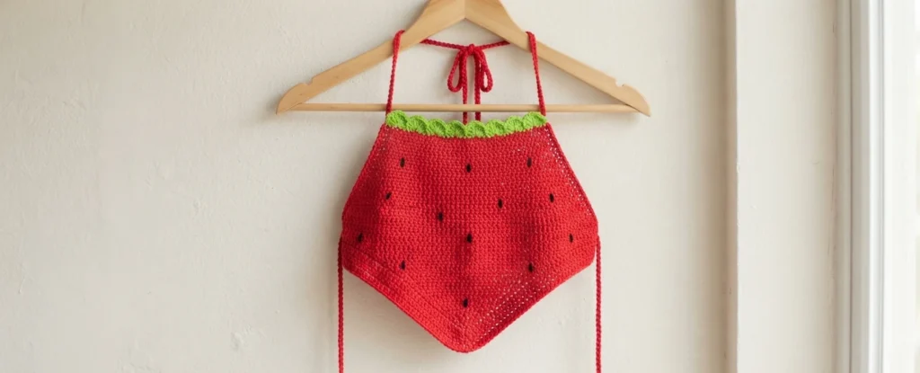 Red crochet strawberry halter top with green scalloped trim and black seed details hanging on a wooden hanger against a white wall