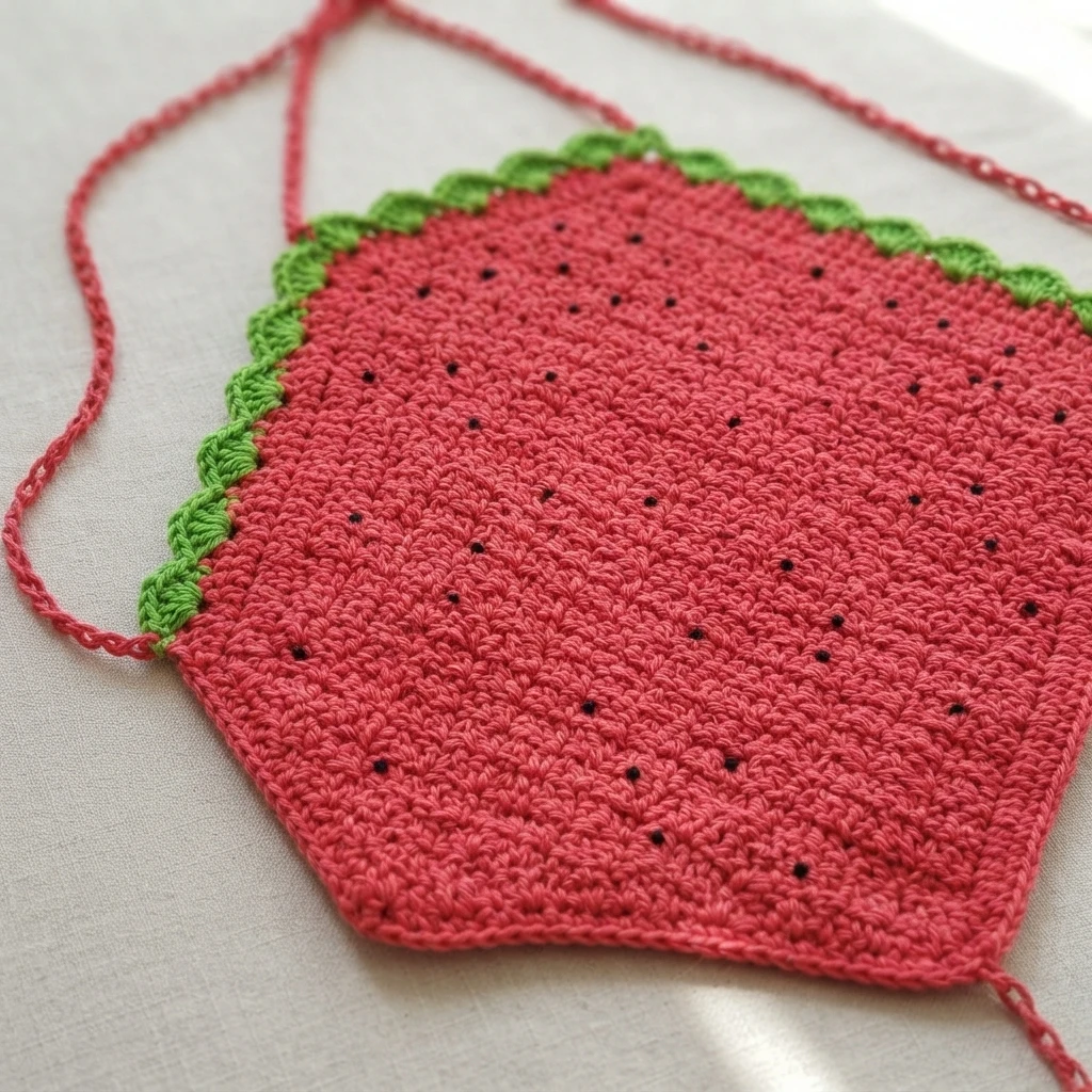 Red crochet strawberry halter top with green scalloped trim, black seed dots and thin straps laid flat on light fabric