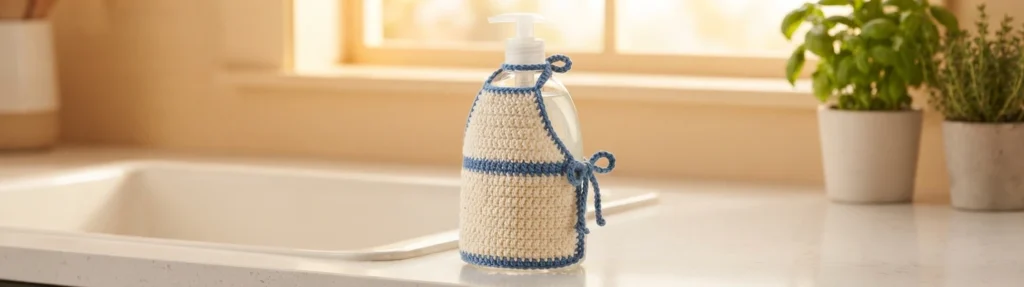 Crocheted cream apron with blue trim and side tie on a clear pump soap bottle on a kitchen counter near a sink.