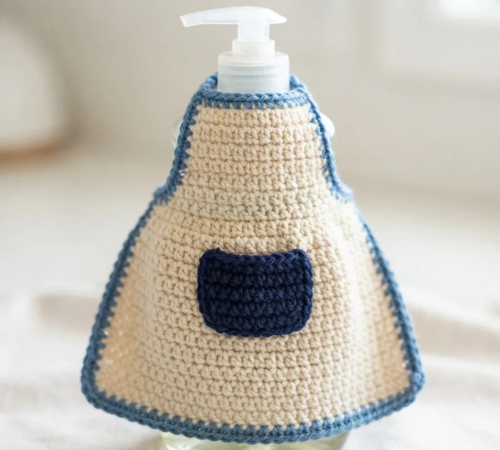 Crocheted apron cover in beige with blue trim and a dark blue pocket fitted over a clear pump soap bottle.