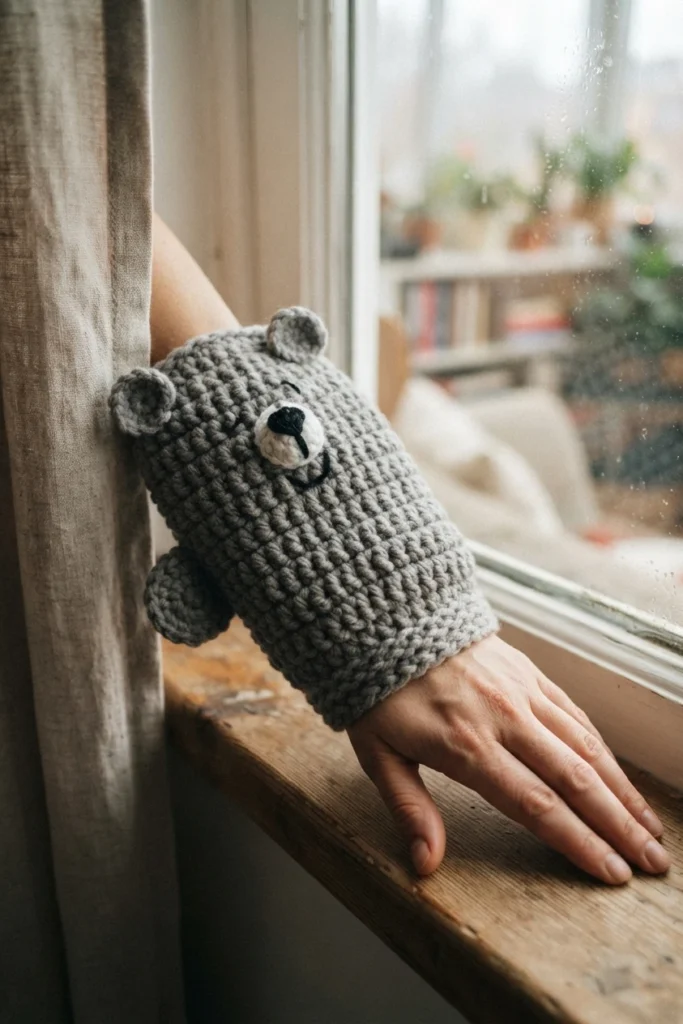 Hand wearing a grey crocheted bear oven mitt resting on a wooden windowsill by a window