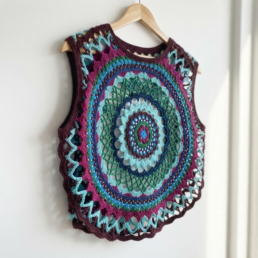 Multicolored crochet mandala vest in brown, magenta, turquoise, green and navy hanging on a wooden hanger against a white wall