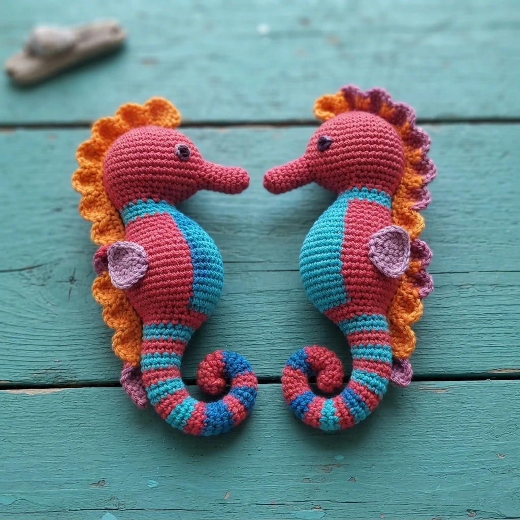 Two pink and turquoise crochet seahorses facing each other on a teal wooden surface