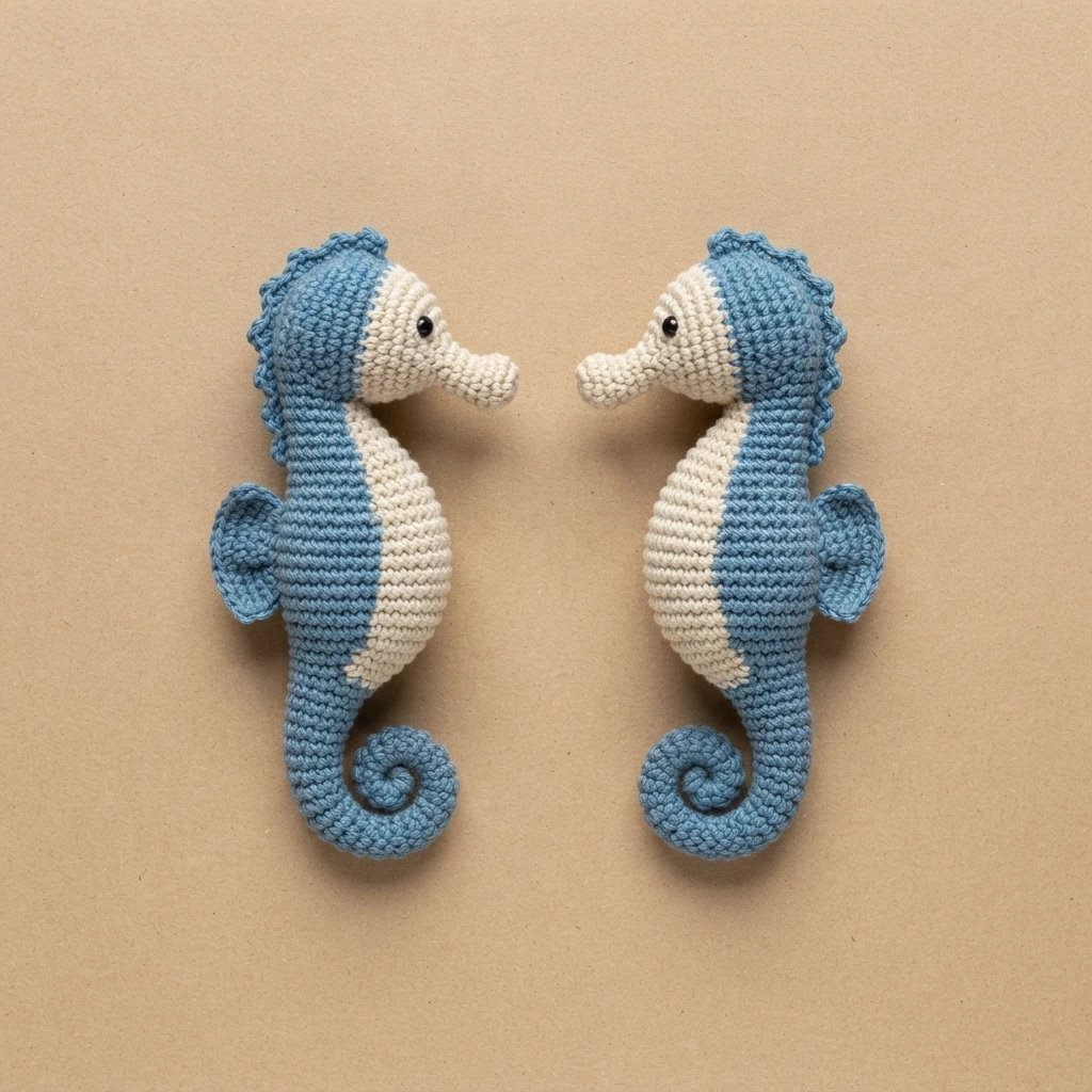 Two crocheted seahorses in blue and cream facing each other on a plain neutral background.