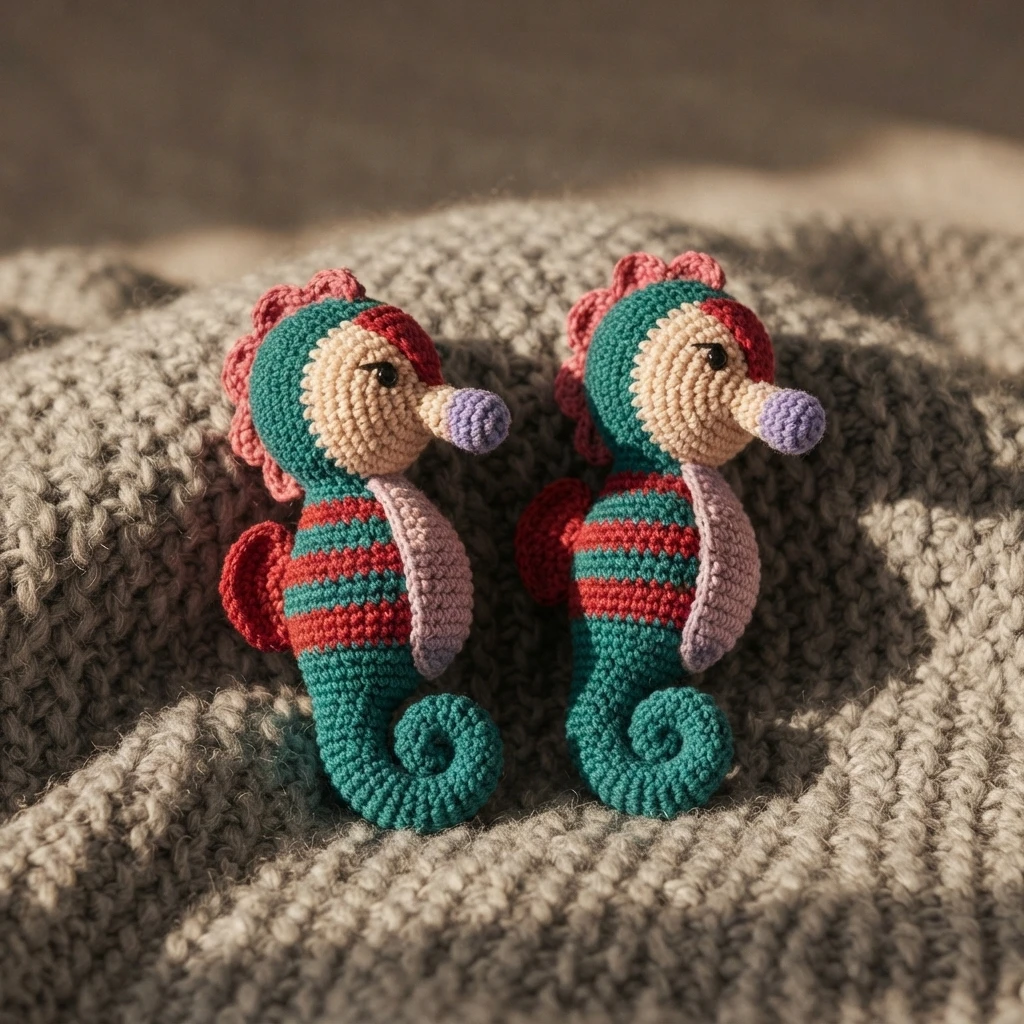 Two crocheted seahorse toys with teal and red striped bodies on a knitted blanket