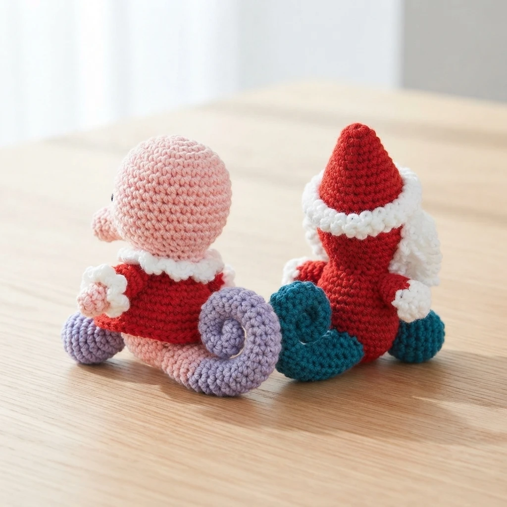 Two small crochet figures in red outfits viewed from behind on a wooden table, one with a pink head and purple curled tail and the other with a red pointed hat and teal curled tail.