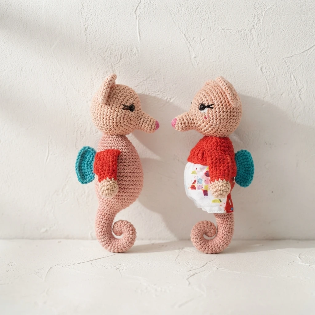 Two crocheted seahorse toys facing each other in front of a white wall.