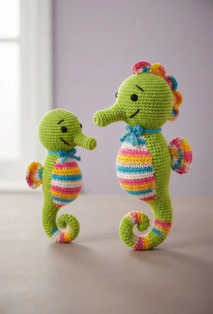 Two green crocheted seahorses with striped pink, yellow, blue and white bellies and blue neck bows, standing side by side.