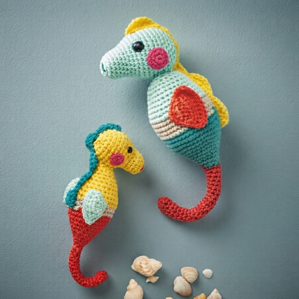 Two crocheted seahorses with pink cheeks and small shells, one in mint green with yellow crest and orange fin, the other in yellow with teal crest and red tail, on a blue background.