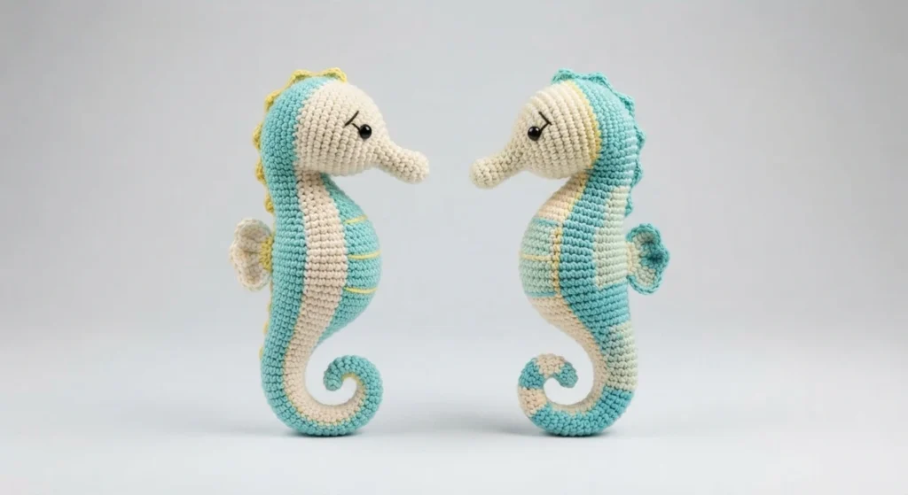 Two crochet seahorse toys in turquoise, cream and yellow facing each other on a white background.
