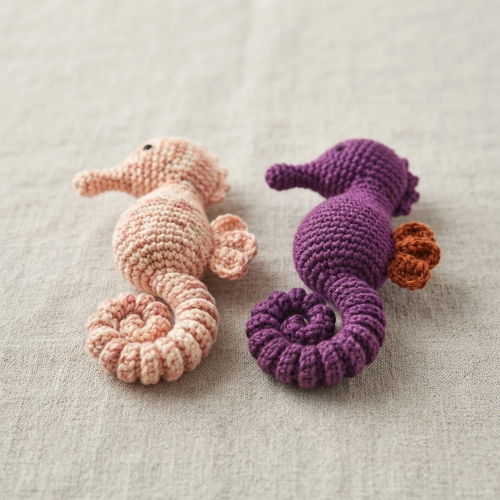 Two crocheted seahorses, one pale peach and one purple with a rust-colored fin, resting on beige fabric.