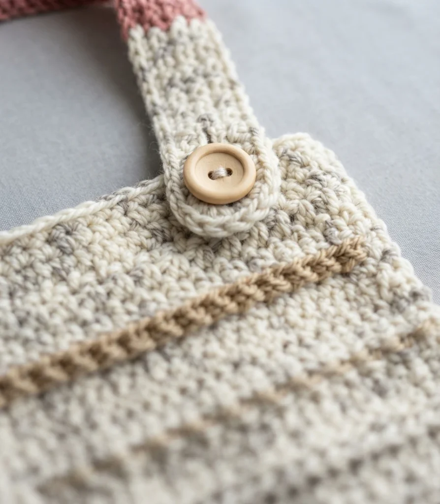 Close-up of a cream crocheted walker pocket strap fastened with a light wooden button, with a pink section at the top and a tan stripe across the pocket.