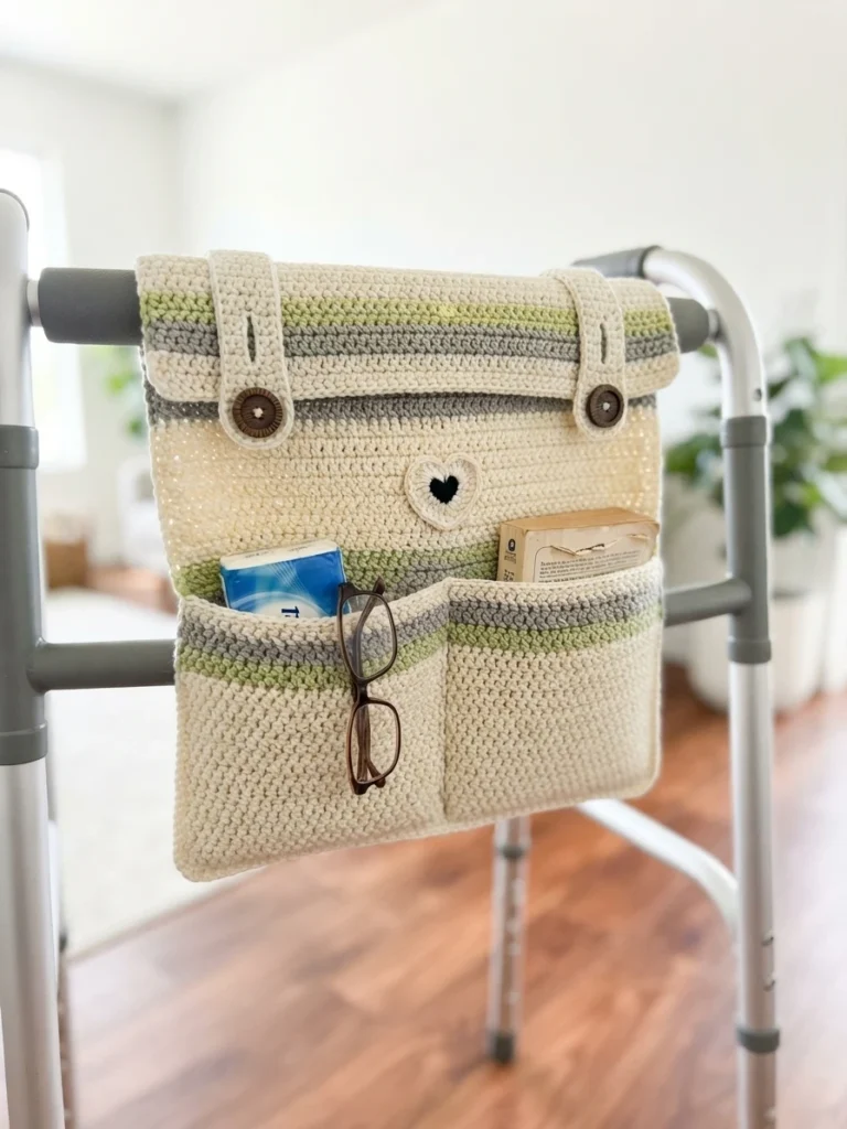 Cream crochet walker pocket with green and grey stripes, two button straps, a small heart applique and two front pockets holding glasses, tissues and a book, hanging on a metal walker indoors.