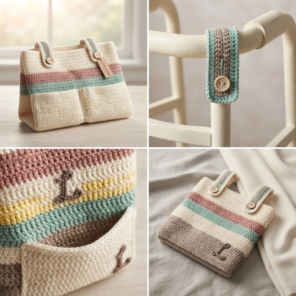 Four views of a cream crocheted walker pocket bag with dusty pink and teal stripes, button straps, front pockets and a crocheted letter L