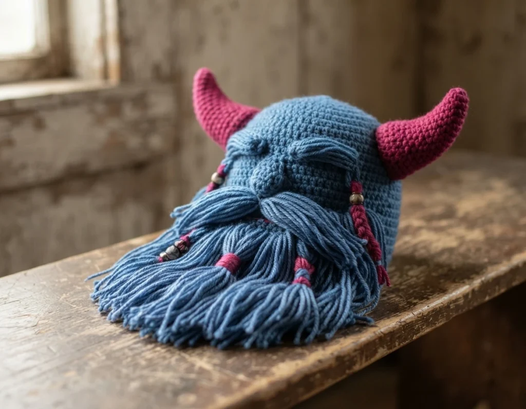 Crocheted Viking helmet hat with pink horns and a long blue yarn beard with beaded braids resting on a wooden table.