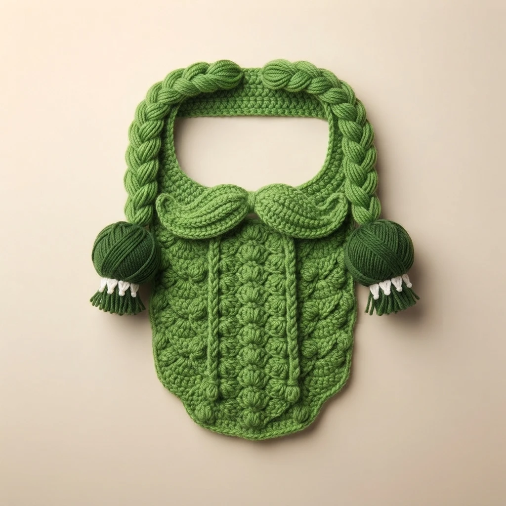 Flat lay of a green crochet beard with mustache, side braids and two yarn ball tassels on a light background