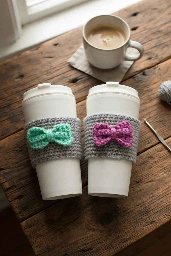 Two white takeaway cups with gray crocheted sleeves decorated with mint-green and pink bows sit on a wooden table beside a coffee mug, yarn, and a crochet hook.