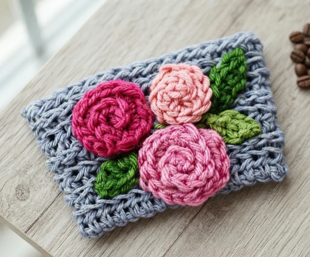 Crocheted gray-blue coffee sleeve lying flat, decorated with three crochet roses in magenta, light pink and pink with green crochet leaves, on a light wood surface with a few coffee beans in the upper right corner.
