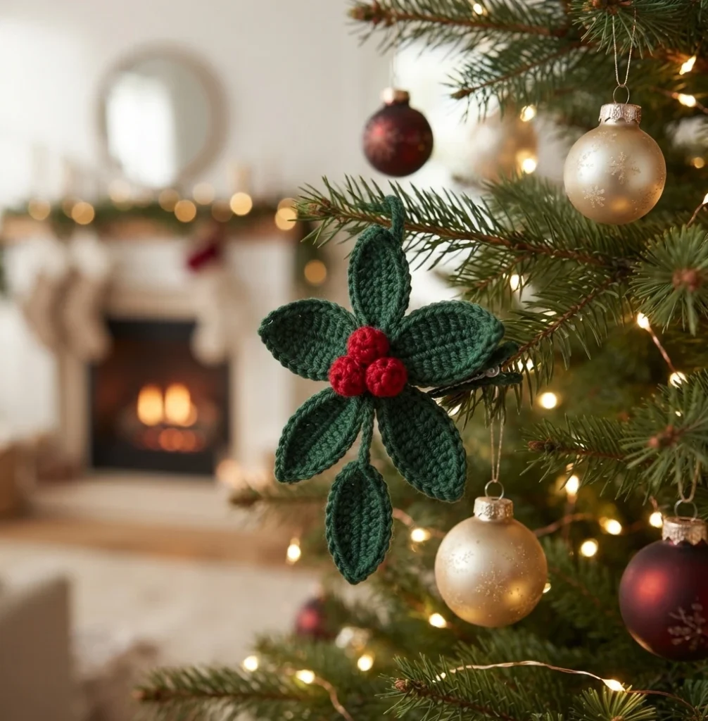Ornement de gui crocheté, avec des feuilles vert foncé et des baies rouges, suspendu à une branche de sapin décorée.
