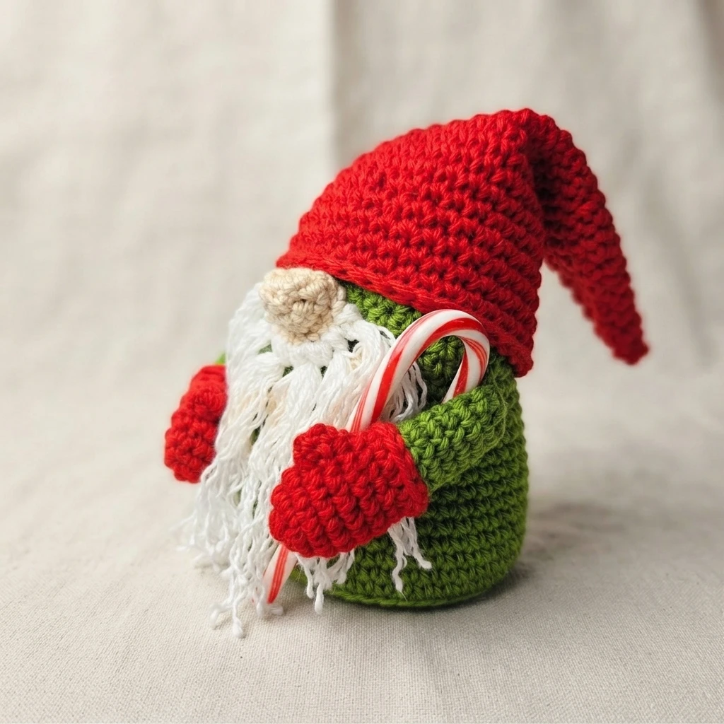 Finished crocheted gnome with a red hat, white beard, green body, red mittens and a striped candy cane.