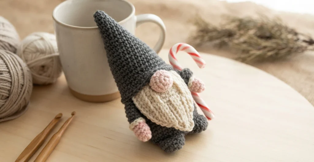 A gray crocheted gnome with a pointed hat, cream beard, pink nose and hands, and a red-and-white candy cane, beside a mug and yarn.