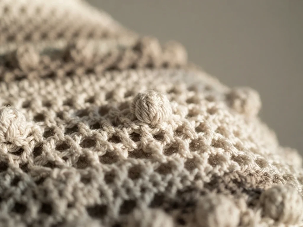 Close-up of beige crocheted mesh fabric with raised bobbles