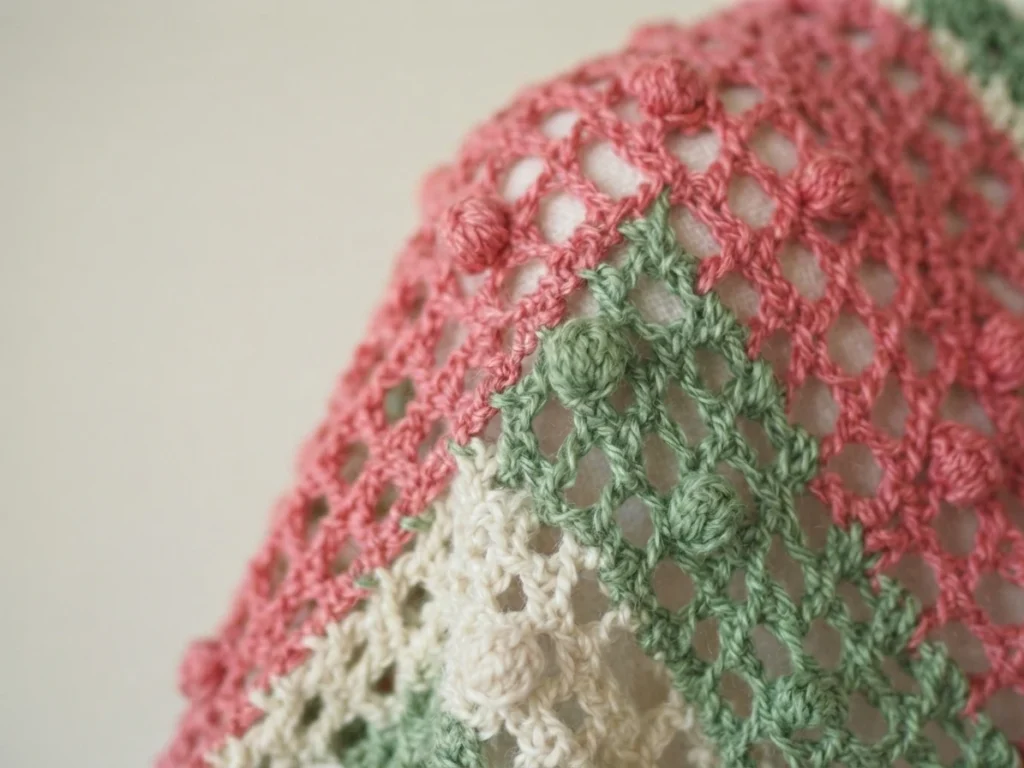 Close-up of open crochet mesh with bobbles in watermelon pink, green and cream stripes.