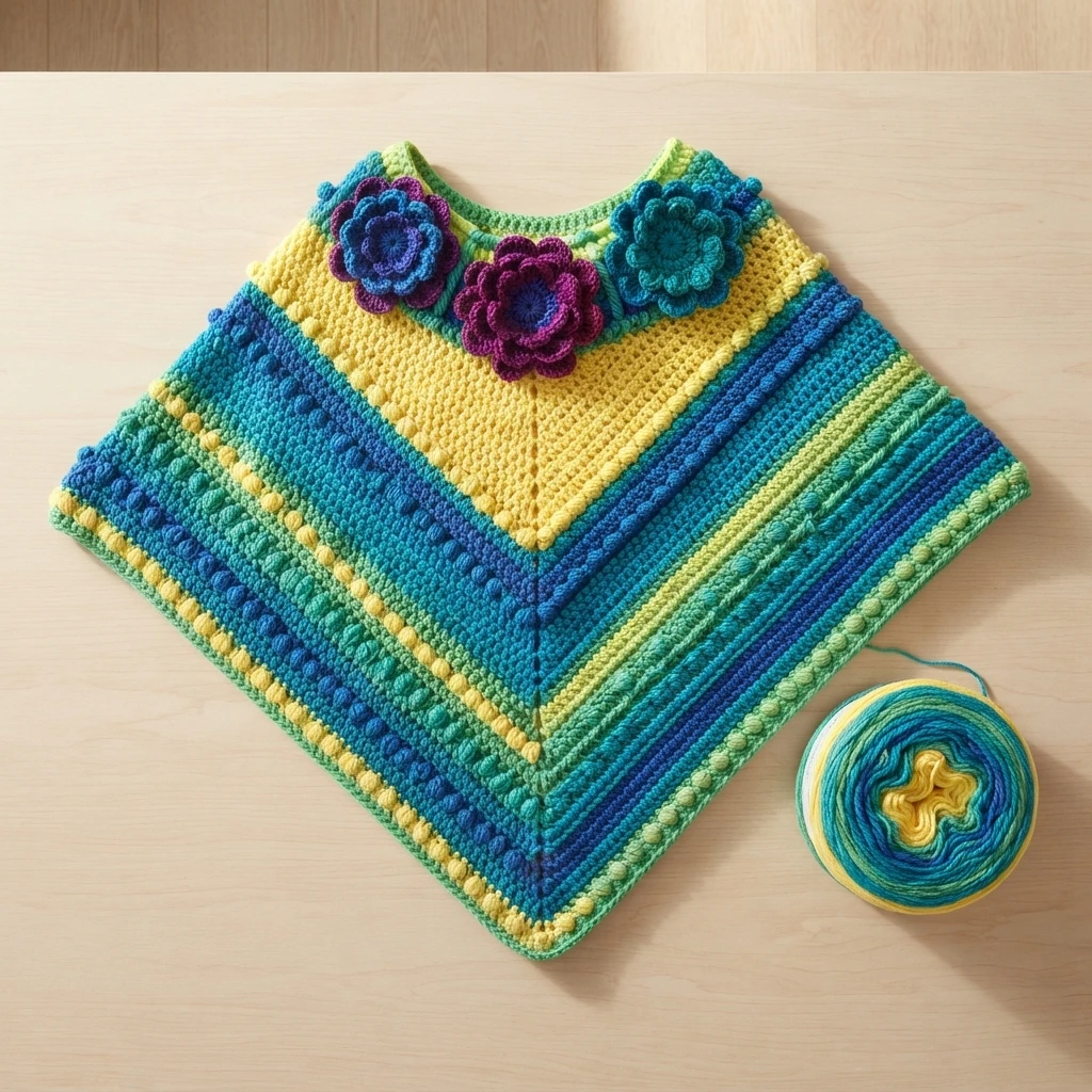 Crocheted triangular poncho in yellow, teal, blue and green stripes with three crochet flowers at the neckline, laid flat beside a matching yarn cake on a wooden table.