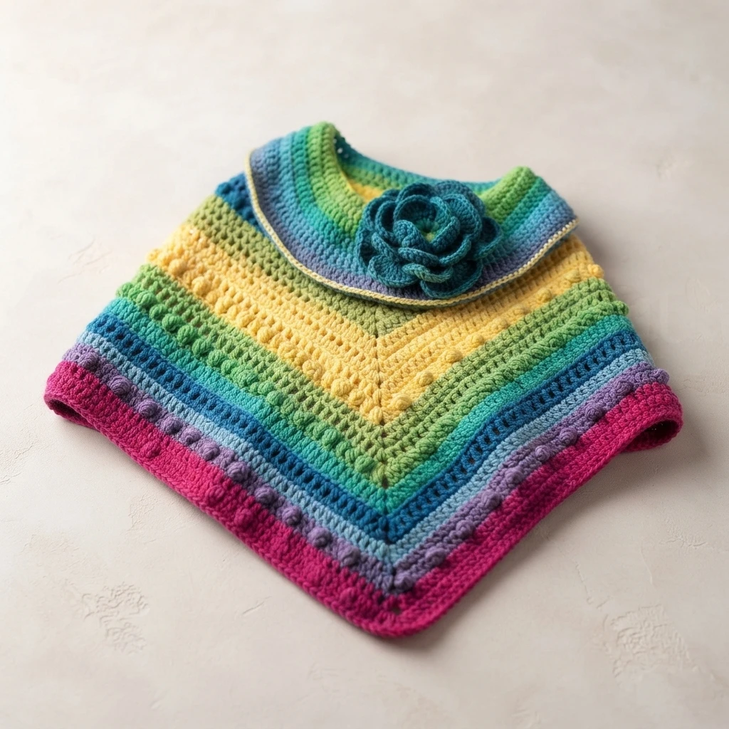 Folded multicolor crochet poncho with striped bobble rows and a teal crochet flower at the neckline, laid flat on a light surface.