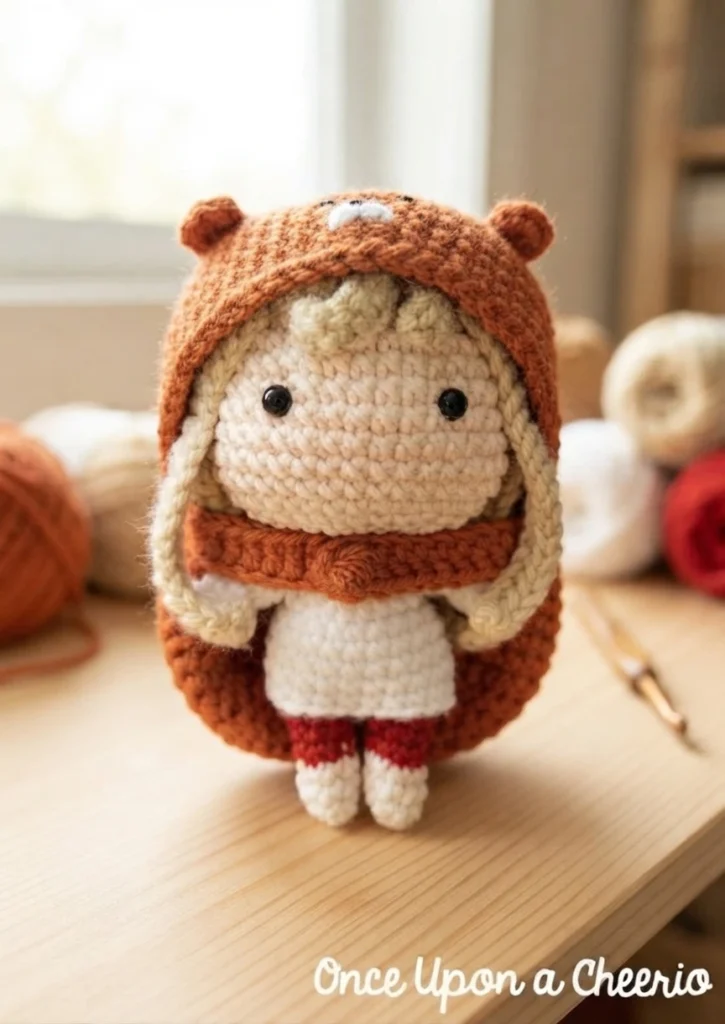 Crochet amigurumi doll wearing an orange hamster hood, white dress and red leggings, standing on a light wooden table with yarn balls in the background